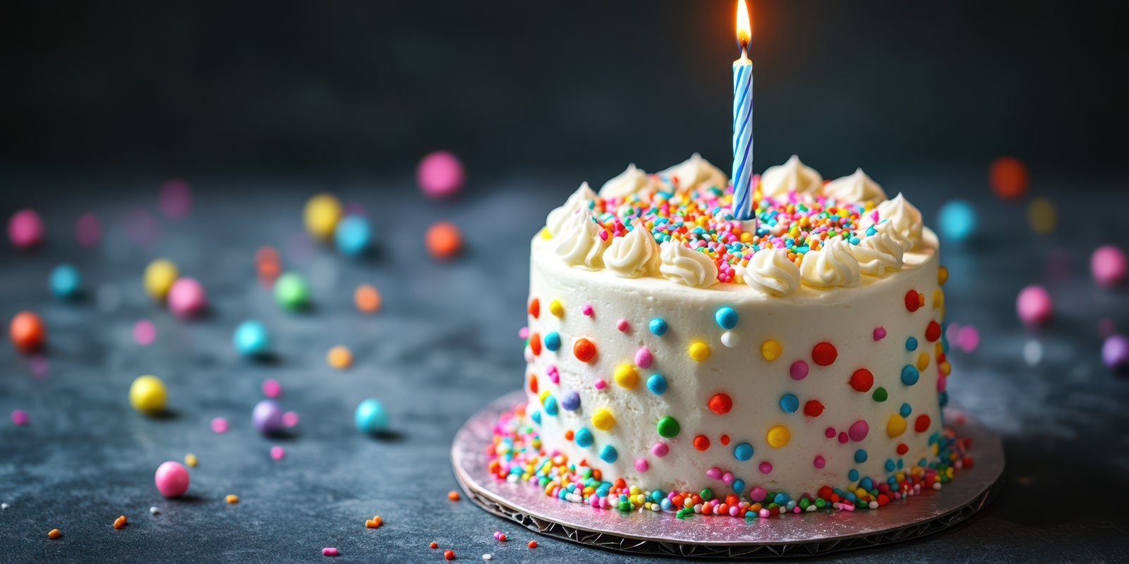 Birthday cake with a single candle and colorful sprinkles on a festive table setting